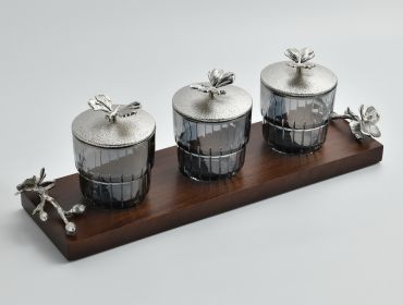 Silver Monarch Butterfly Jar Set on Wood Tray