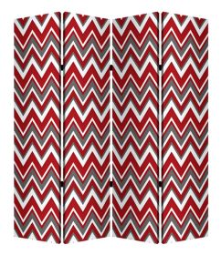 84" Red And Gray Canvas Folding Four Panel Screen Room Divider