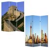 72" Blue Reversible China Cityscape Canvas Folding Three Panel Screen Room Divider