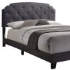Gray Wood And Tufted Linen Queen Bed Frame with Nailhead Trim