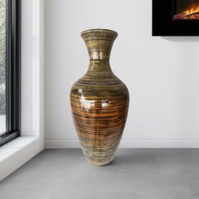 25" Black And Gold Striped Urn Bamboo Floor Vase
