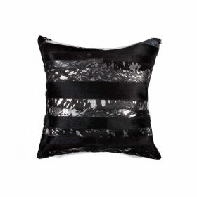 18" Black And Silver Striped Cowhide Throw Pillow