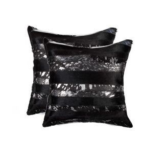 Set of Two 18" Gold and Black Cowhide Throw Pillows