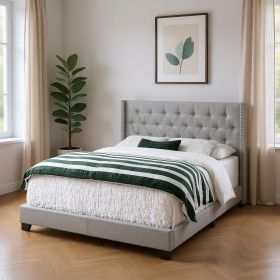 Gray Tufted Linen Upholstered Queen Bed Frame With Nailhead Trim