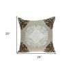 20" Beige Damask Cotton Throw Pillow