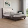 Solid Wood King Tufted Beige Upholstered Faux Leather Bed With Nailhead Trim