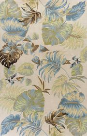 5' X 8' Ivory And Blue Wool Botanical Leaves Hand Tufted Area Rug