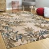 5' X 8' Ivory Brown And Blue Wool Botanical Leaves Hand Tufted Area Rug