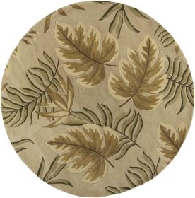8' Sand And Beige Wool Botanical Leaves Hand Tufted Round Rug