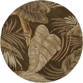 7' Brown And Beige Wool Botanical Leaves Hand Tufted Round Rug