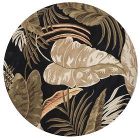 8' Black Beige And Brown Wool Botanical Leaves Hand Tufted Round Rug