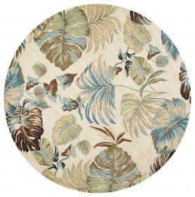 7' Ivory And Blue Wool Botanical Leaves Hand Tufted Round Rug