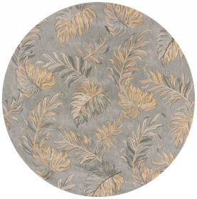 8' Gray And Taupe Wool Botanical Leaves Hand Tufted Round Rug