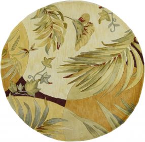 8' Coral Green And Ivory Wool Tropical Botanical Hand Tufted Round Rug