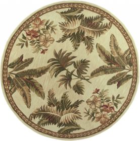 8' Ivory Green And Brown Wool Tropical Botanical Hand Tufted Round Rug