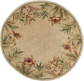 8' Beige Red And Green Wool Tropical Floral Hand Tufted Round Rug