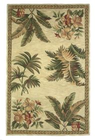 8' X 11' Ivory Green And Brown Wool Tropical Botanical Hand Tufted Area Rug