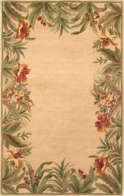 8' X 11' Beige Red And Green Wool Tropical Floral Hand Tufted Area Rug