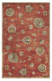 3' X 5' Sienna Gold And Green New Zealand Lambs Wool Floral Vines Hand Tufted Area Rug