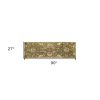 7' Green Red And Ivory Wool Floral Medallion Hand Tufted Runner Rug