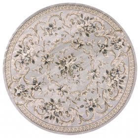 8' Light Gray Green And Tan Floral Medallion Round Rug