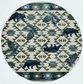 8' Ivory And Blue Southwestern Round Rug