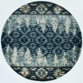 8' Slate Blue And Ivory Southwestern Round Rug