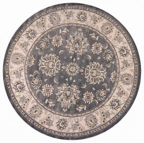 8' Gray And Ivory Floral Medallion Round Rug