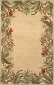 4' X 6' Beige Red And Green Wool Tropical Floral Hand Tufted Area Rug