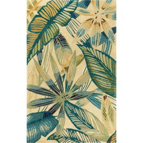 3' X 5' Ivory Teal And Green Wool Tropical Botanical Hand Tufted Area Rug