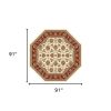 7' Red Ivory And Brown Floral Medallion Octagon Rug