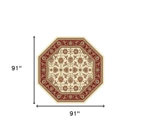 7' Red Ivory And Brown Floral Medallion Octagon Rug