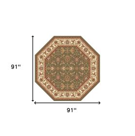 7' Green And Ivory Floral Octagon Rug
