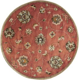 6' Sienna Gold And Green New Zealand Lambs Wool Floral Vines Hand Tufted Round Rug