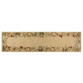 10' Beige Red And Green Wool Tropical Floral Hand Tufted Runner Rug