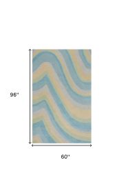 5' X 8' Blue Beige And Green Wool Abstract Hand Tufted Area Rug