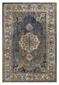 3' X 5' Navy Blue Gold And Ivory Medallion Area Rug