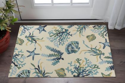 3' X 5' Ivory and Blue Seashell and Coral Hand Tufted Area Rug