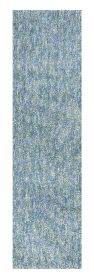 8' Blue And White Abstract Shag Hand Woven Runner Rug