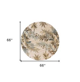 6' Ivory Brown And Blue Wool Botanical Leaves Hand Tufted Round Rug