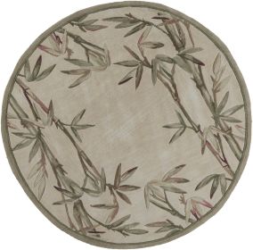 6' Ivory Green And Brown Wool Botanical Leaves Hand Tufted Round Rug