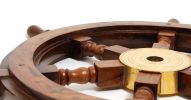 24" Brown Solid Wood And Brass Ships Wheel Hanging Dimensional Sculpture