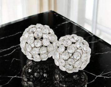 Set of Two Silver And Clear Faux Crystal And Metal Orb Decorative Tabletop Sculptures