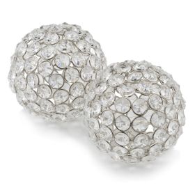 Set of Two Clear And Silver Faux Crystal And Steel Decorative Orb Tabletop Sculptures