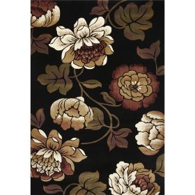 5' X 8' Black Tan And Ivory Floral Area Rug