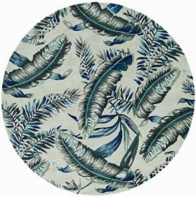 8' Blue And Gray Wool Botanical Leaves Hand Tufted Round Rug