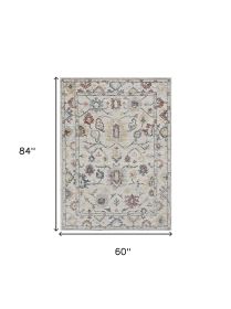 5' X 7' Ivory Gray And Red Wool Medallion Hand Tufted Distressed Area Rug