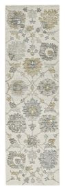 8' Ivory Gray And Green Wool Floral Hand Tufted Runner Rug