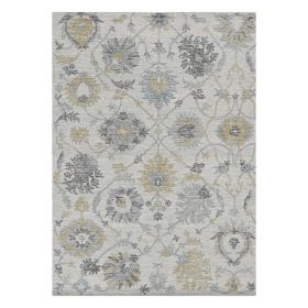 5' X 7' Ivory Gray And Green Wool Floral Hand Tufted Distressed Area Rug