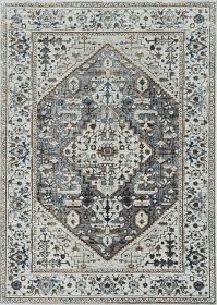 7' Gray Brown And Teal Floral Medallion Area Rug